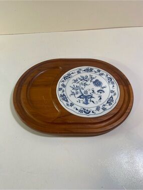 Vintage Dolphin Teakwood Cheese Board Blue Onion Blue Danube Round Ceramic Tile